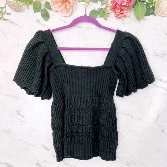 Entro Chunky Cable Knit Puff Ruffle Sleeve Square Neck Sweater Top Black Large - Picture 4 of 11